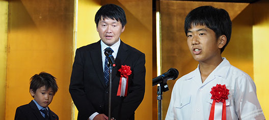 [左] ⻆俊作氏（右）と⻆春架氏 [右] 文部科学大臣賞個人賞を 受賞した三島宏介氏 